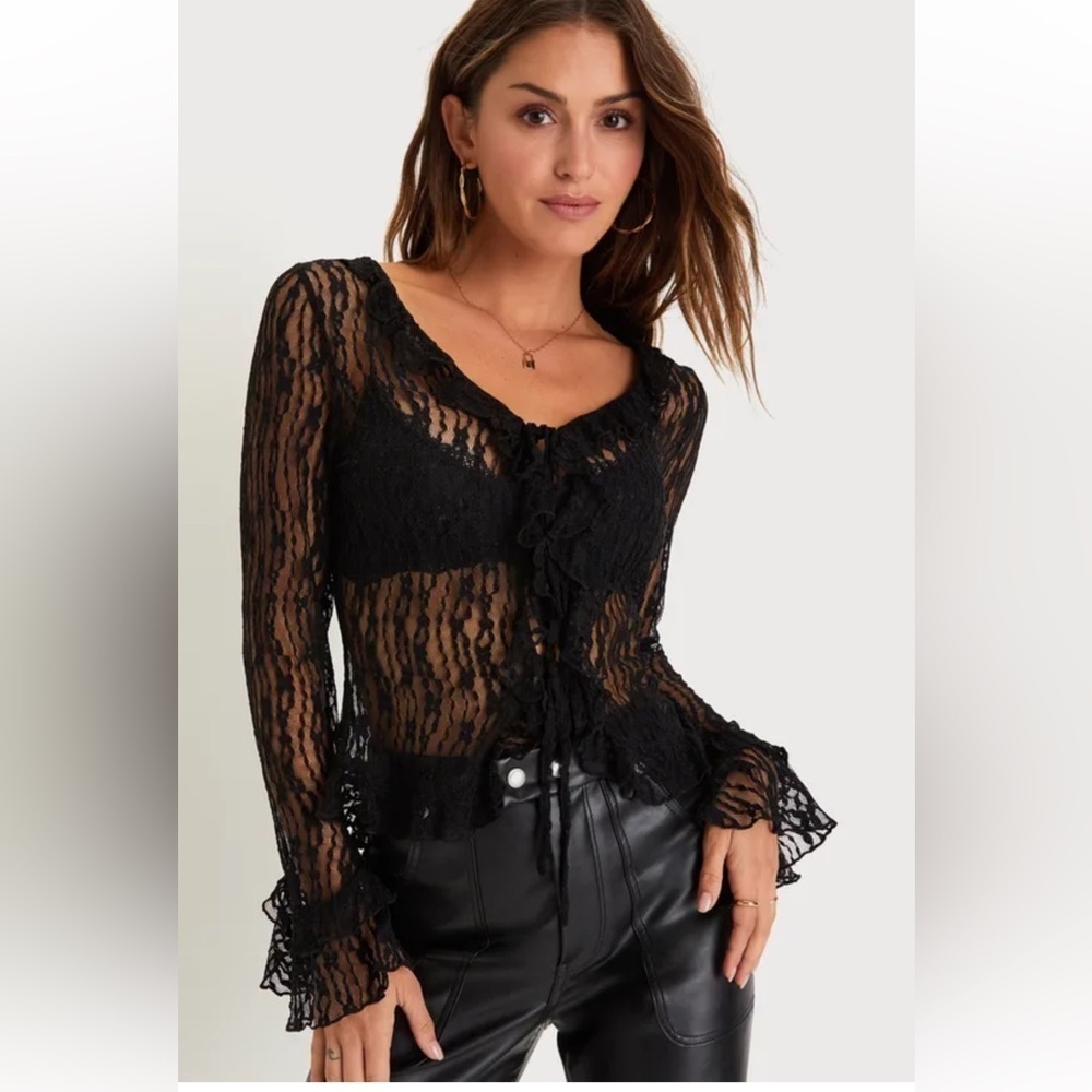 Lulus Flirty Aura Sheer Lace Ruffled Long Sleeve Tie-Front Top